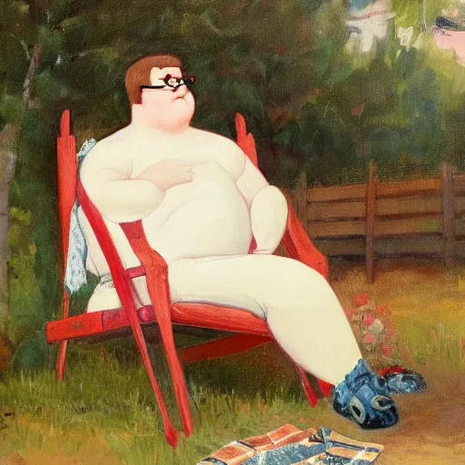 Prompt: romanticist painting of Peter Griffin sitting on a lawn chair in a backyard, oil on canvas, elegant,