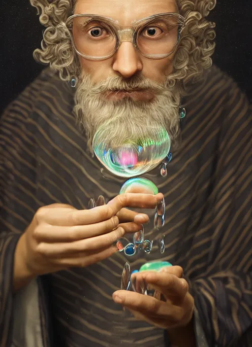 Image similar to an anthropomorphic beautiful male wizard portrait blowing bubbles wearing stripes robe, curly hair, fine art, award winning, intricate, elegant, sharp focus, octane render, hyperrealistic, cinematic lighting, highly detailed, digital painting, 8 k concept art, art by jamie hewlett and z. w. gu, masterpiece, trending on artstation, 8 k