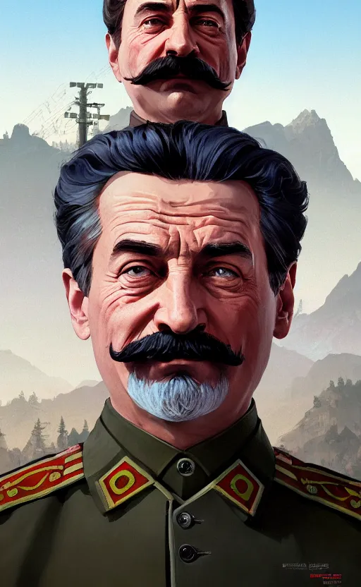 Image similar to highly detailed portrait of stalin in gta v, stephen bliss, unreal engine, fantasy art by greg rutkowski, loish, rhads, ferdinand knab, makoto shinkai and lois van baarle, ilya kuvshinov, rossdraws, tom bagshaw, global illumination, radiant light, detailed and intricate environment