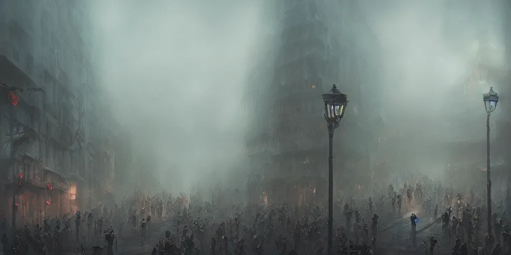 Image similar to a thick swirling fog obscuring a parade, soft lighting, night, unreal engine, digital art, 8 k, oil painting, fantasy art, illustration, detailed and intricate environment