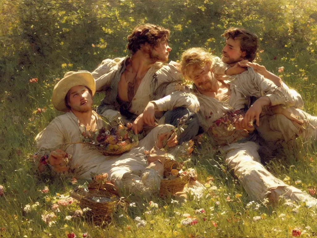 Prompt: attractive bradley and attractive colin go together to a meadow to have a picnic. highly detailed painting by gaston bussiere, craig mullins, j. c. leyendecker 8 k