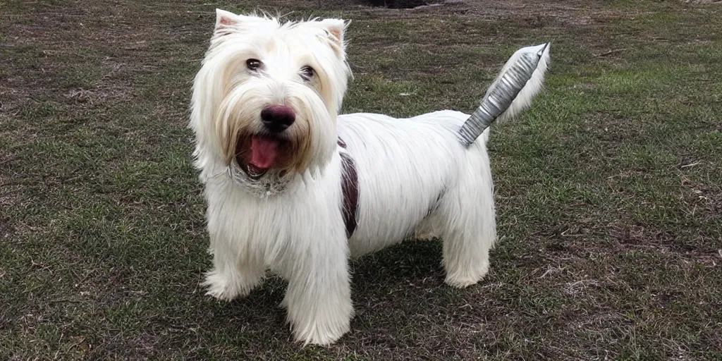 Image similar to “ the superhero west highland terrier : iron bark. spiked armor, spiky tail. ”