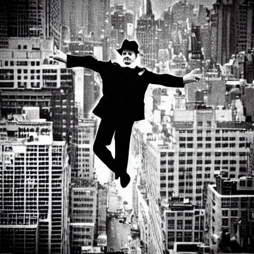 Image similar to “ a winged Charlie Chaplin flying over new york city”