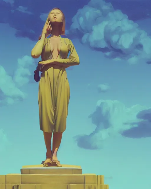 Image similar to a painting of a woman standing in front of a statue, a screenshot by stanley twardowicz, cgsociety, aestheticism, aesthetic, vaporwave, anime aesthetic