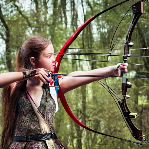 Prompt: photography of archery girl, bow hunting women, archerty with bow and arrows, uhd 8 k, highly detailed, very realistic