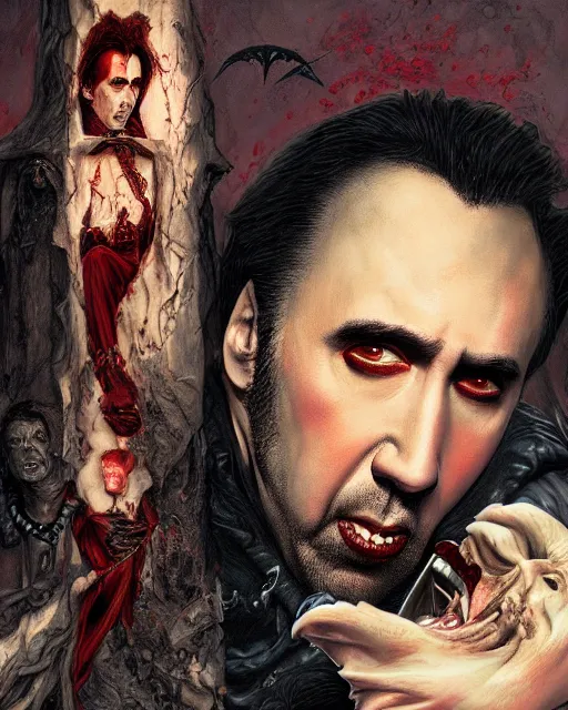 Prompt: nicolas cage as dracula, drink blood, highly detailed, centered, artstation, concept art, smooth, sharp focus, illustration, bokeh art by artgerm and donato giancola and joseph christian leyendecker