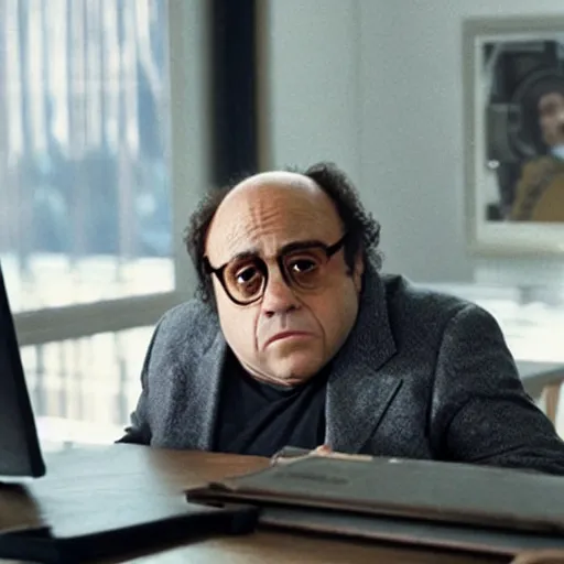 Prompt: danny devito bleary eyed at a computer, film still from the movie directed by Denis Villeneuve