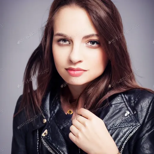 Image similar to young woman in her 20s, she wears a leather jacket and boots, full body shot, photography, very detailed face