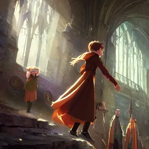 Prompt: a wholesome animation key shot of harry potter students, fantasy, colorful, pixar and disney animation, sharp, very detailed, high resolution, key art by greg rutkowski, bloom, dramatic lighting