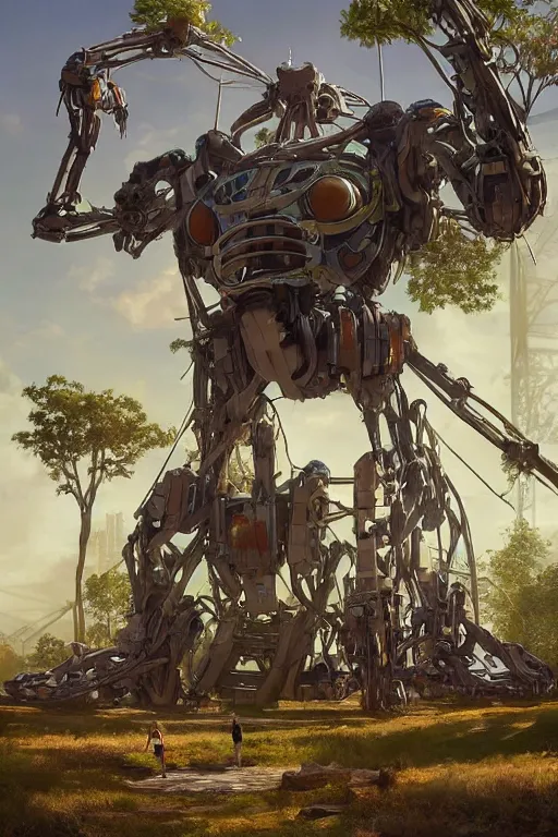 Prompt: engineers work around a giant 1 0 0 ft orgainc wooden tree mech, solarpunk, organic mech made of wood, cinematic lighting, octane render, 3 d pixar disney digital cgi rtx hdr painting, highly detailed, artstation cgsociety masterpiece, by syd mead, greg rutkowski, wlop, artger