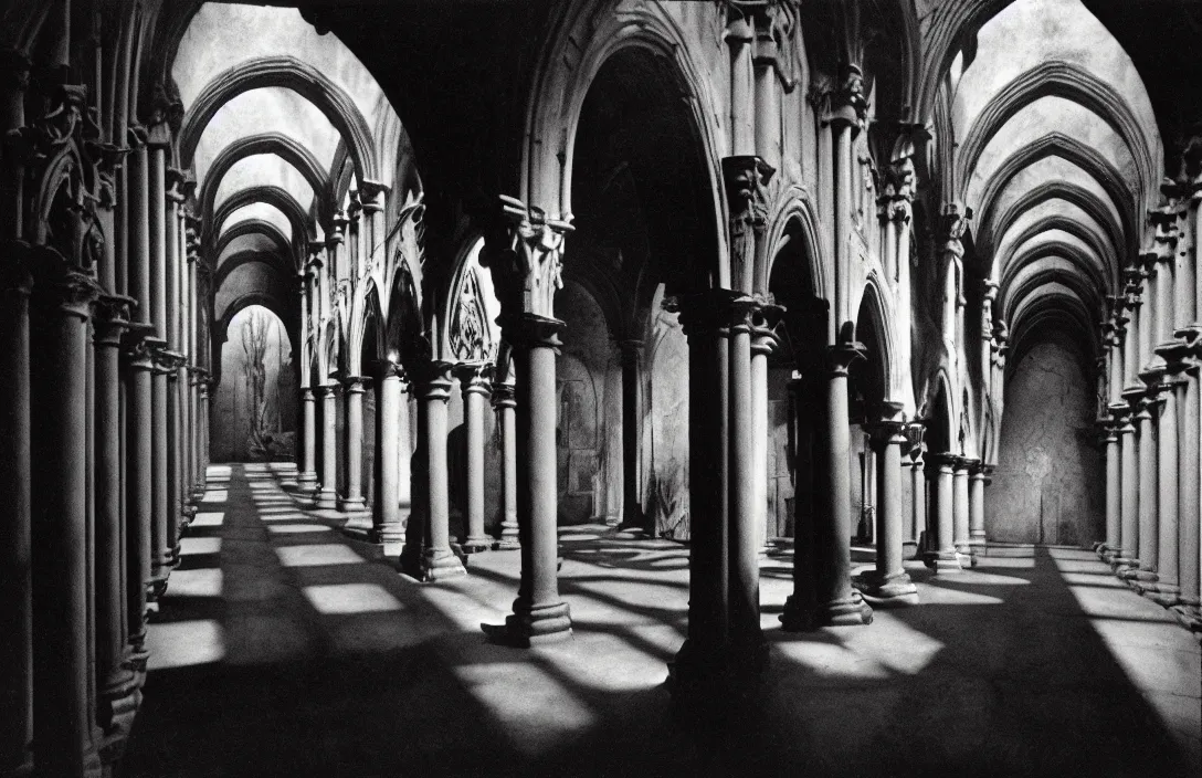 Image similar to cloister quadrangle vertiginous intact flawless ambrotype from 4 k criterion collection remastered cinematography gory horror film, ominous lighting, evil theme wow photo realistic postprocessing sinister knights reversible literal illusion photograph by ansel adams