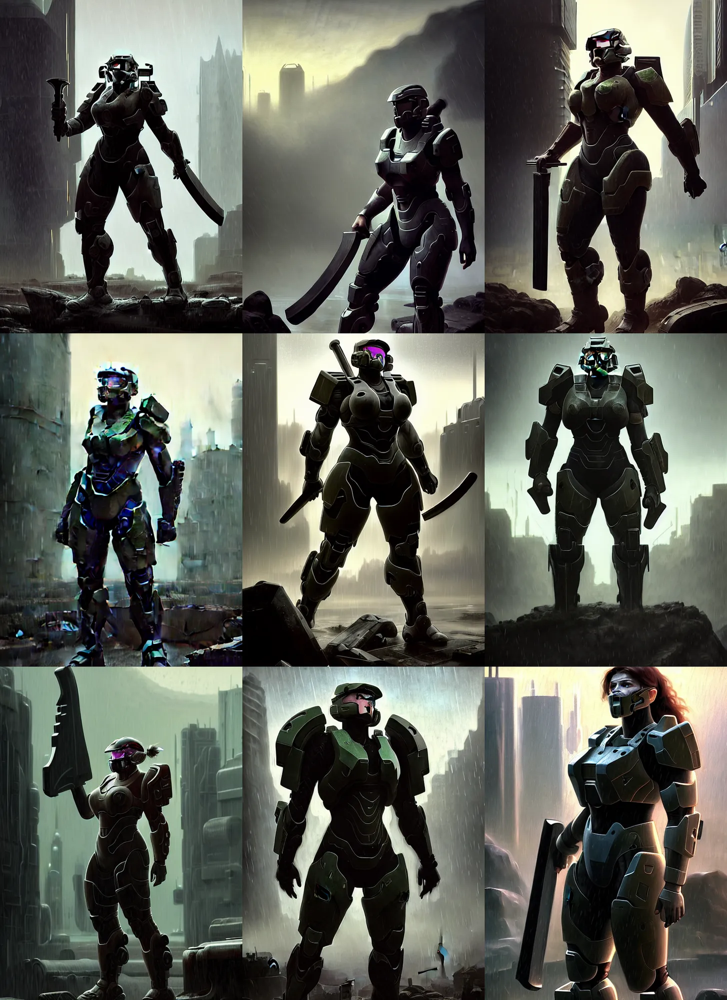 Prompt: character portrait of a big beefy female warrior wearing mjolnir armor from halo infinite in a desolate cyberpunk wasteland city, 8 k, ultra realistic, matte painting, moody lighting, good value control, concept art, digital painting, realistic shading, sharp focus, wet, heavy rain, rainstorm, john singer sargent, william - adolphe bouguereau, masami suda