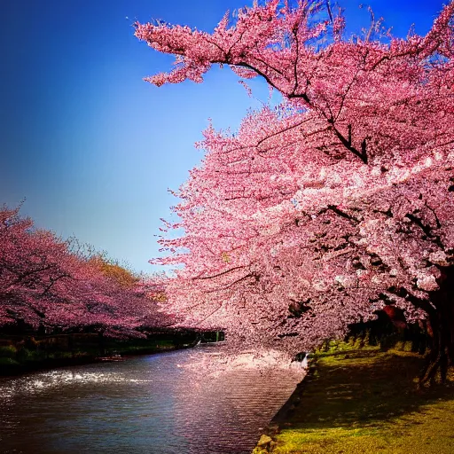 Image similar to photo of cherry blossom tree along a river, cinematic, beautiful, high detail, instagram,