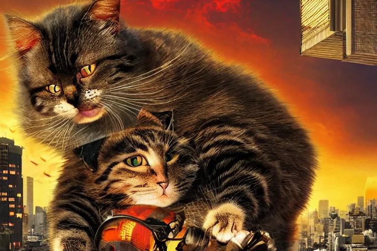 Image similar to cat attacking Tokyo, disaster movie poster, masterpiece, masterwork, cgstudio