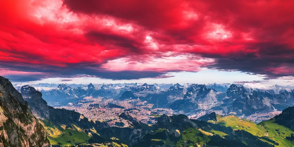 Prompt: Red Clouds above beautiful switzerland, stunning amazing.