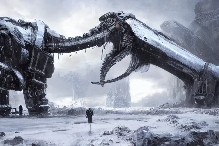 Image similar to an intricate futuristic black steam train and a giant mammoth, post - apocalyptic ice landscape in snowstorm, concept art, artstation, highly detailed, digital art