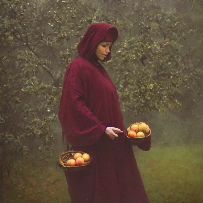 Image similar to a closeup portrait of a woman wearing a hood made of beads, picking apples from a tree, foggy, moody, photograph, by vincent desiderio, canon eos c 3 0 0, ƒ 1. 8, 3 5 mm, 8 k, medium - format print