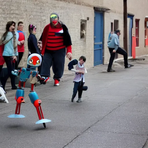 Image similar to in the style of 1960s, scary robot is chasing kids down the ally