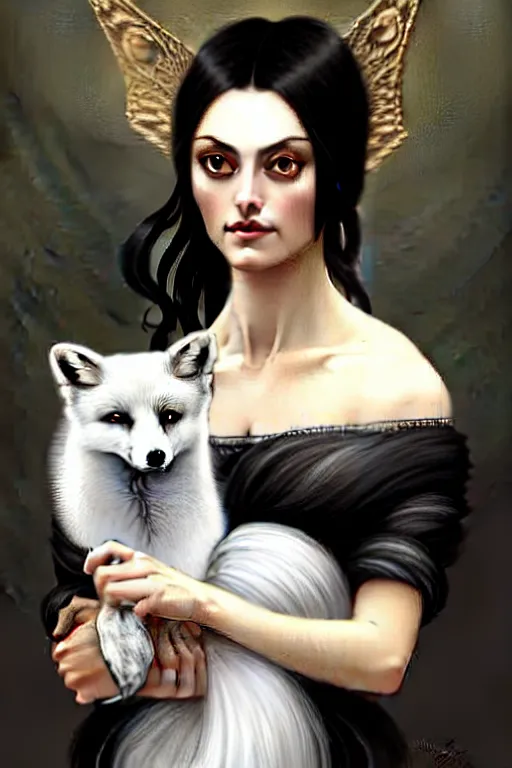 Prompt: Phoebe Tonkin dressed in Victorian fashion with black hair, holding a white fox in her arms, D&D, fantasy, intricate, elegant, highly detailed, digital painting, artstation, concept art, matte, sharp focus, illustration, art by Artgerm and Greg Rutkowski and Alphonse Mucha