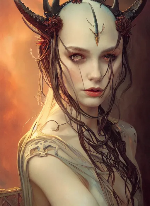 Image similar to a beautiful illustration of a satanic witch with horns in head, intricate, sharp focus, illustration, highly detailed, digital painting, concept art, matte, art by wlop and artgerm and greg rutkowski and alphonse mucha, masterpiece