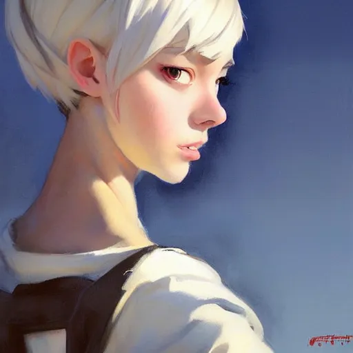 Image similar to greg manchess portrait painting of white pale skinny young girl with black hime haircut as overwatch character, medium shot, asymmetrical, profile picture, organic painting, sunny day, matte painting, bold shapes, hard edges, street art, trending on artstation, by huang guangjian and gil elvgren and sachin teng