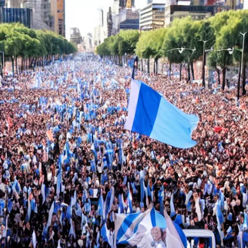 Image similar to Lady Gaga as president, Argentina presidential rally, Argentine flags behind, bokeh, giving a speech, detailed face, Argentina