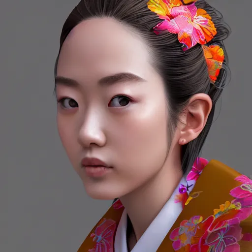 Image similar to centered portrait of a slight happy 3D beautiful Japanese girl in kimono, hyperdetailed, digital painting, trending on Artstation, cel-shading style, CG society, hyperdetailed, digital painting, hypermaximalist, golden ratio, volumetric, octane render, weta digital, micro details, 3d sculpture