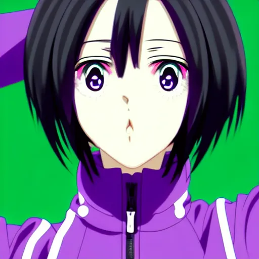 Image similar to anime poster film still portrait, young black woman, black black black woman, purple colored eyes!!!!, white!!! french bob hairstyle, green colored bomber jacket, detailed facial features, dynamic pose,, rimlight, cel shaded, 4 k