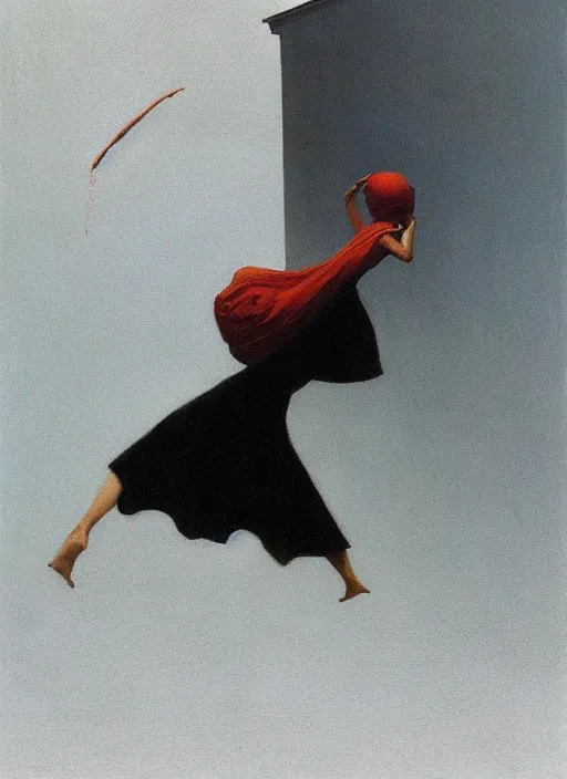 Prompt: woman flying with a paper bag over the head and a sward Edward Hopper and James Gilleard, Zdzislaw Beksinski, highly detailed