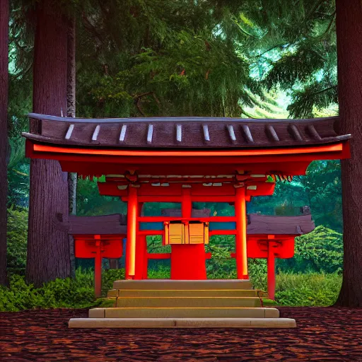 Image similar to an isometric 3 d render of a shinto shrine in the forest, isometric, octane render, unreal engine