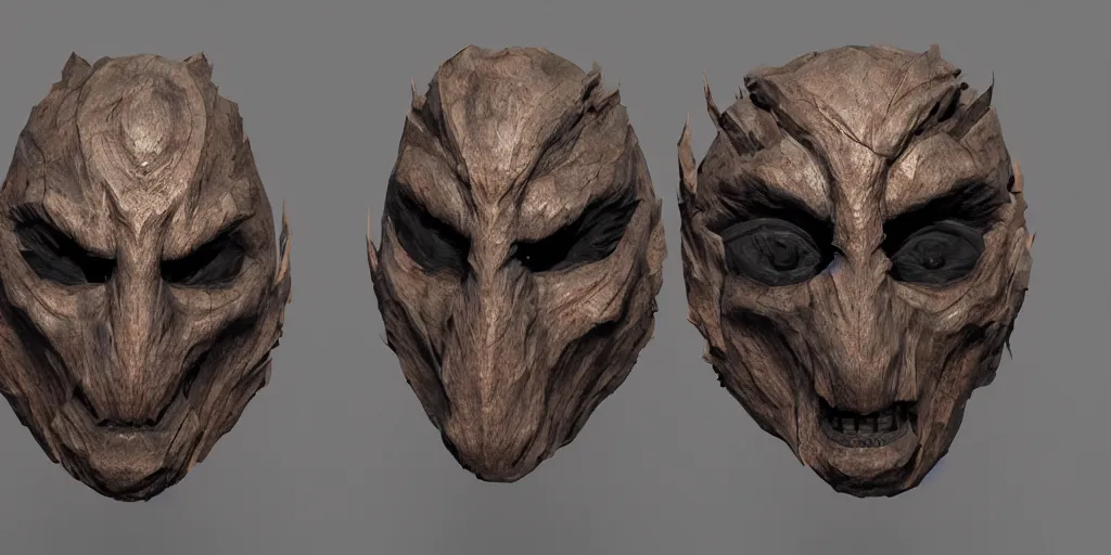 Prompt: evil wooden mask design, character sheet, 3d render, Greg Rutkowski, Zabrocki, Karlkka, Jayison Devadas, Phuoc Quan, trending on Artstation, 8K, ultra wide angle, zenith view, pincushion lens effect