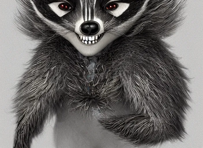 Image similar to award - winning detailed concept art of a creepy animatronic puppet anthropomorphic raccoon character wearing clown makeup. art by wlop on bcy. net, realistic. detailed fur, art by cheng yi. artstationhd, artgerm, 3 dcg, pixar zootopia. 3 d rendering, high quality model sheet, disney. model sheet detailed