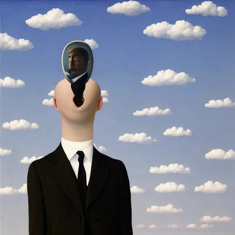 Image similar to portrait of a faceless mirror - head man in a suit, clouds in the background, by rene magritte, detailed painting, distance, middle centered, hd, hq, high resolution, high detail, 4 k, 8 k