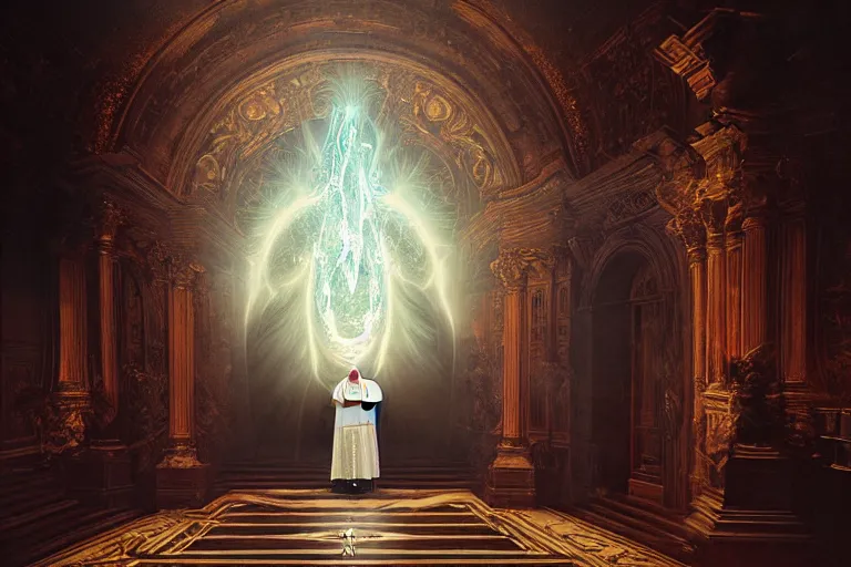 Prompt: photography group circle pope priest in an invoking ritual in front of a viscosity cthulhu within a lovecraft portal in a baroque intricate church, atmospheric lighting, rich deep colors masterpiece, fractal crystals, fantasy portrait by tom bagshaw