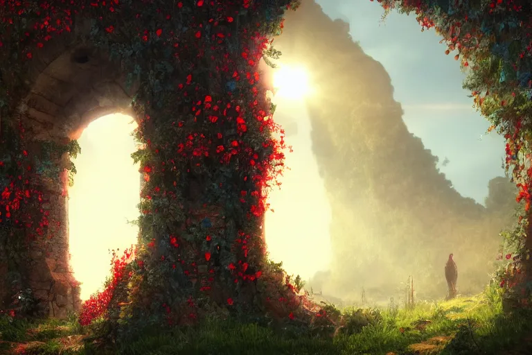 Prompt: broken arches leading to the pillars of eternity draped with red flowers and vines, blue sky, lens flare, a sense of mystery, cinematic, ultra detailed, intricate, sharp focus, trending on artstation, 8K, Tim Burton style