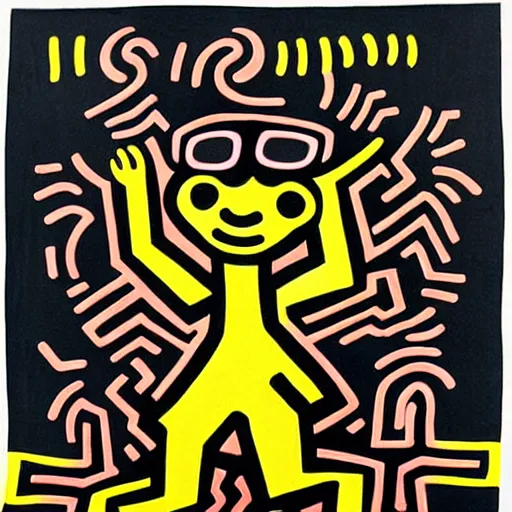 Prompt: a dancing dog with glasses by keith haring, detailed,