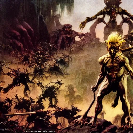 Image similar to A goblin king stands on the corpses of his enemies, painting by Frank Frazetta, detailed, 4k