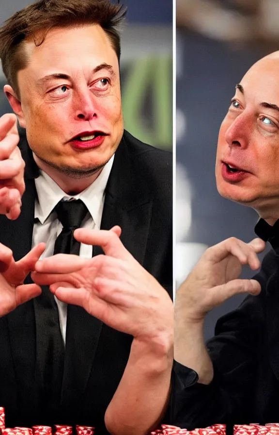 Prompt: Angry Elon musk loosing the world series of poker final against jeff bezos