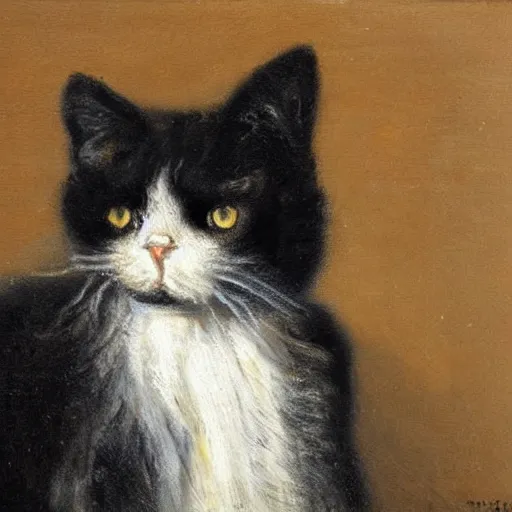 Prompt: a cat with black and white fur, missing it's right eye, oil painting, rembrandt