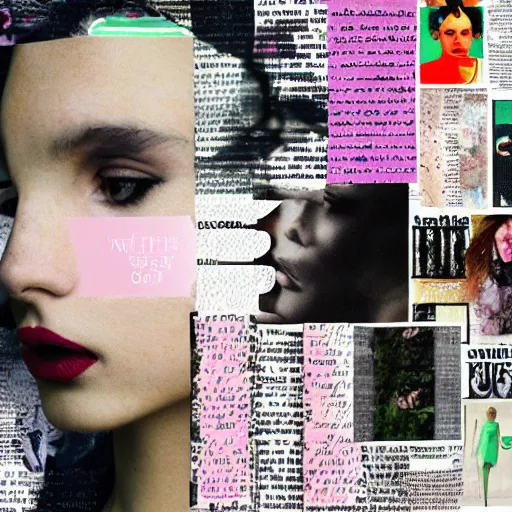 Prompt: a beautiful aesthetic!!! collage! portrait of a depressed girl, made in a magazine clipping collage style, clippings of a fashion magazine, made by a depressed art student