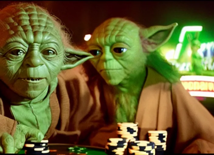 Image similar to film still of yoda gambling in Vegas in the new Star Wars movie, 4k