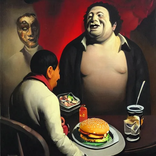 Image similar to surreal grotesque kitsch low-brow Rob Schneider emerging from deep shadows eating hamburgers, extra onions and ketchup, luscious patty with sesame seeds, figure in the darkness, serving big macs, french fry pattern ambience, Francisco Goya, painted by John Singer Sargant, Adrian Ghenie, style of Francis Bacon, highly detailed, 8k, trending on artstation