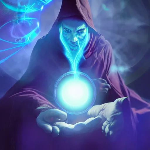 Image similar to a warlock is casting a magic spell, while magic orb is floating in his hand, the magic orb emit a blueish vapour, dynamic pose, chromatic aberration , medium level shot, Mucha style , Grim fantasy, illustration ,concept art,