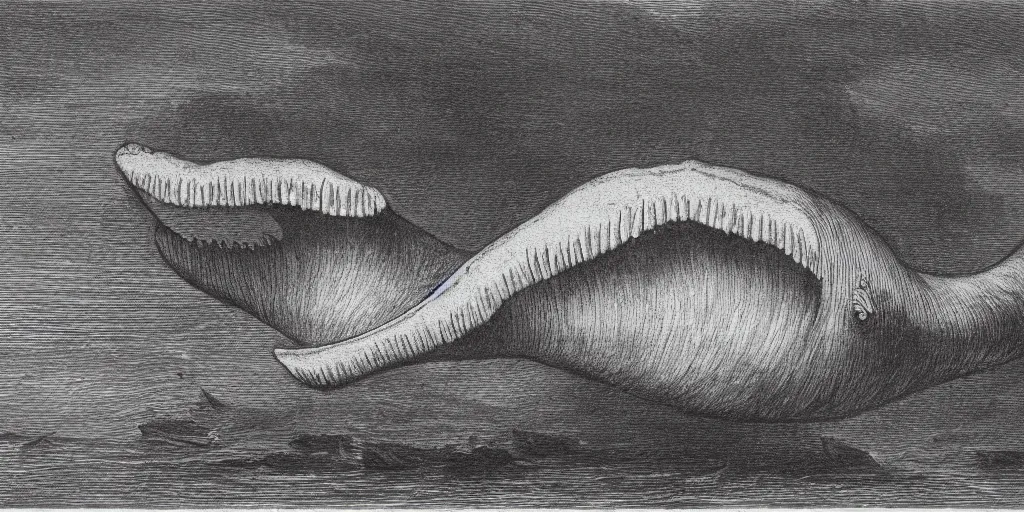 Prompt: pencil etching of a whale with pointed monstrous teeth, highly detailed