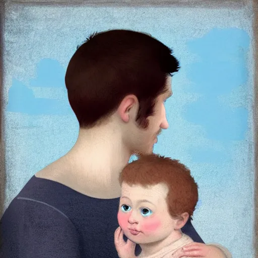 Prompt: detailed minimalist half-lenght mixed media portrait of a father with child. digital collage with many flemish barouque elements. soft matte pastel tones. matte background. HD 8x