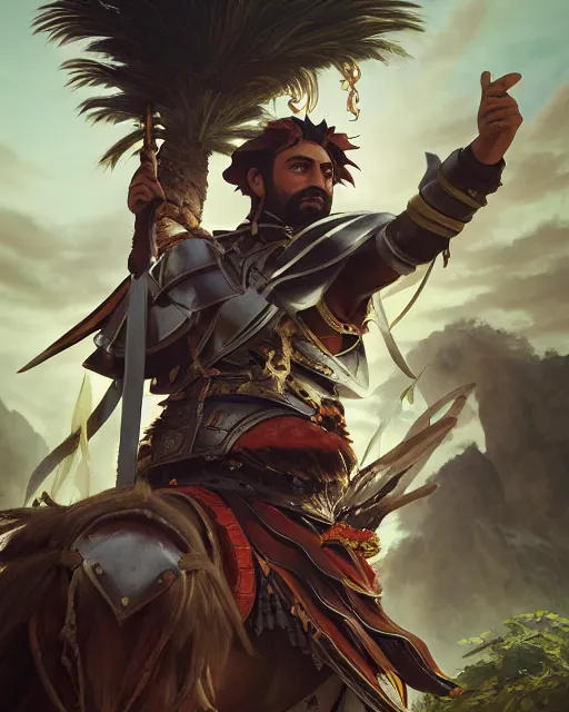 Image similar to ultrarealistic portrait of a spanish conquistador in battle, symmetrical, by daniel zrom and mingchen shen, studio ghibli color scheme, detailed, handsome, anatomy, sharp focus, photography, magic : the gathering, octane, cinematic lighting, facial features, jungle, clear face