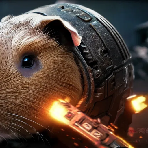 Image similar to guinea pig in gears of war, splash art, movie still, detailed face, photorealistic facial features, cinematic lighting, dramatic, octane render, long lens, shallow depth of field, bokeh, anamorphic lens flare, 8 k, hyper detailed, 3 5 mm film grain