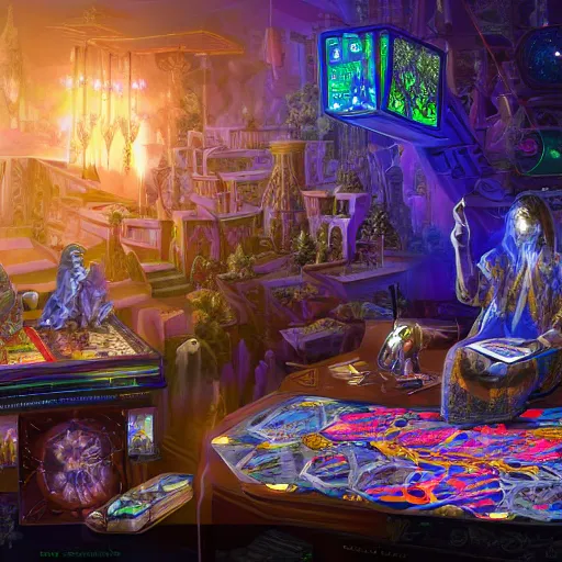 Image similar to beautifully detailed scene of a cyberpunk hyperborean magitech esoteric play and games scholar floral patterned robes in his study with holographic machinery, board games, chess contraptions, video game consoles, controllers, large crt monitors, books light projection mystical outdoor temple natural scene, octane 4 k render videogame gameplay screesnshot