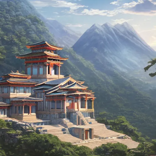 Prompt: concept art painting of a light marble temple on top of a mountain, with greek and japanese architecture, overlooking a valley with a village below, realistic, detailed, cel shaded, in the style of makoto shinkai and greg rutkowski and albert bierstadt and james gurney