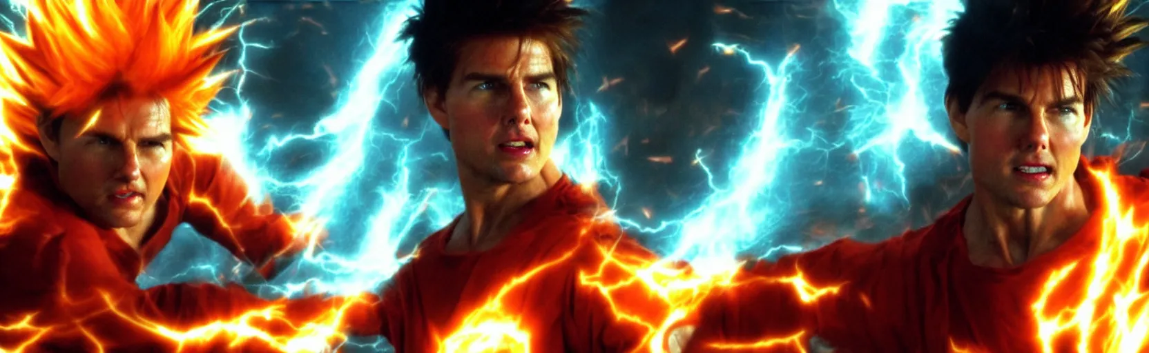 Image similar to ' tom cruise'as'goku'charging super saiyan, cinematic scene, award winning